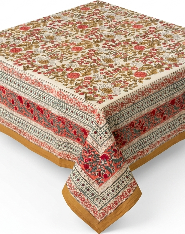 Orange floral hand block print table cover 6 seater