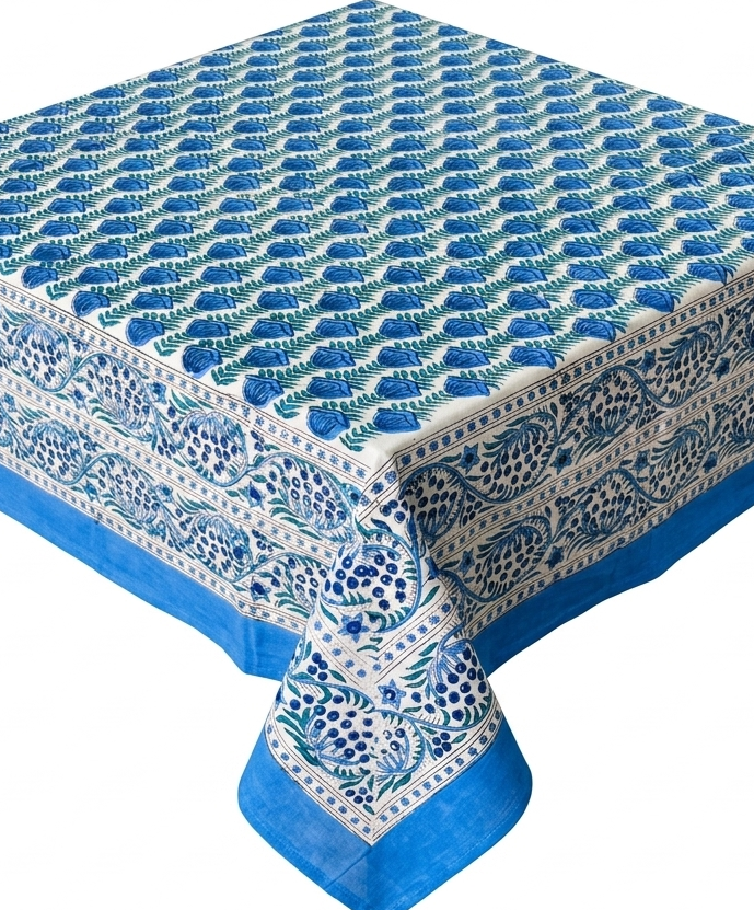 Blue rosebud hand block print table cover 6 seater