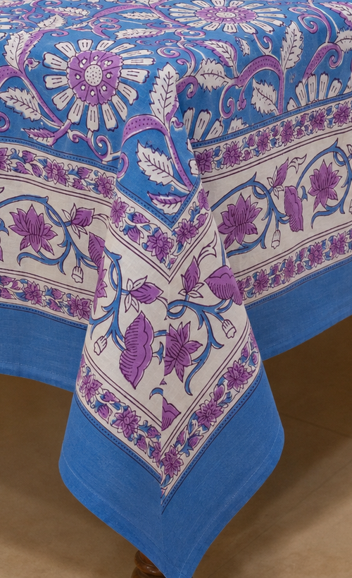 Blue & Lilac hand block print table cover 6 seater
