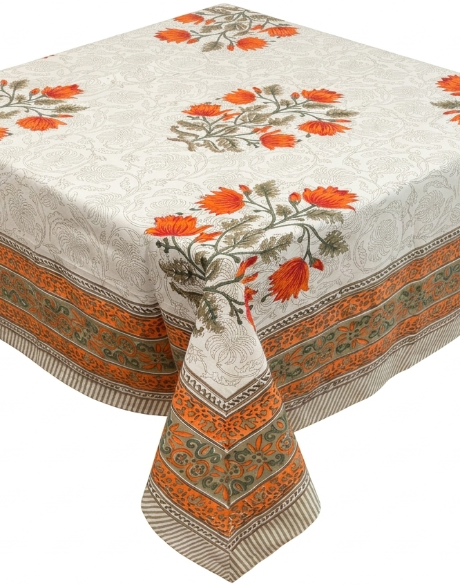 Orange bloom hand block print table cover 6 seater