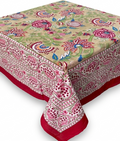 Beige & red floral hand block print table cover 6 seater