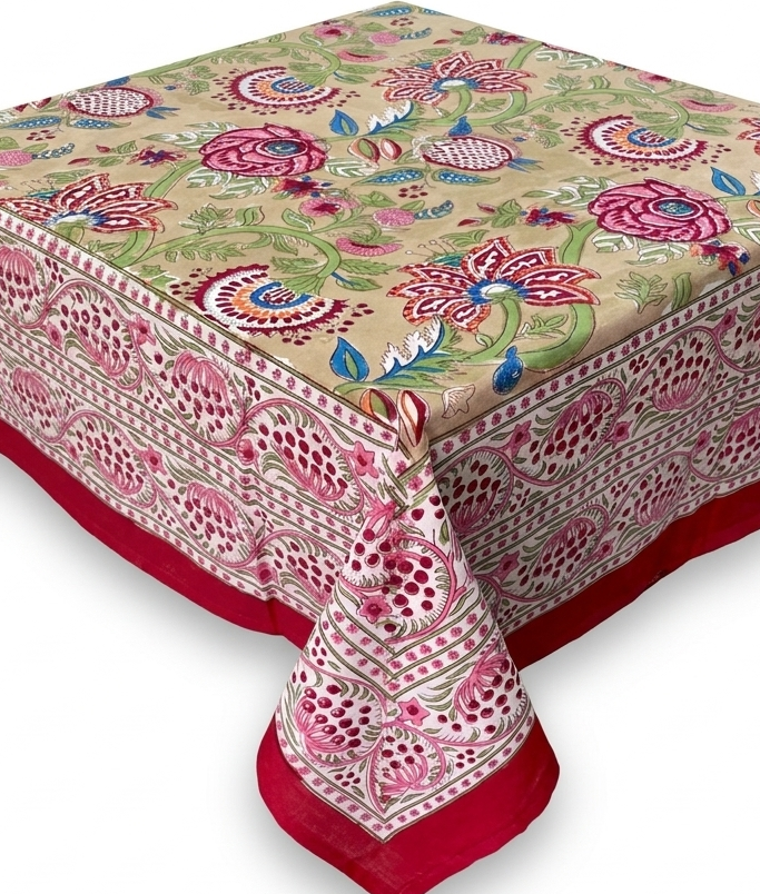 Beige & red floral hand block print table cover 6 seater