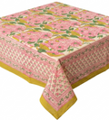 Yellow & Pink floral hand block table cover 6 seater