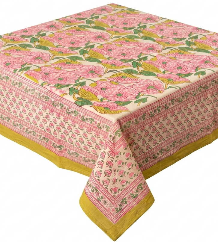 Yellow & Pink floral hand block table cover 6 seater