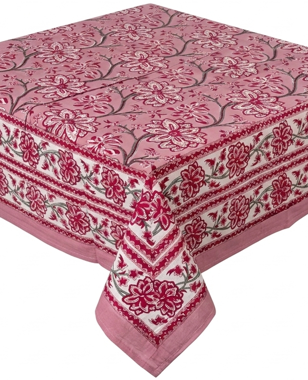 Pink floral hand block print table cover 6 seater