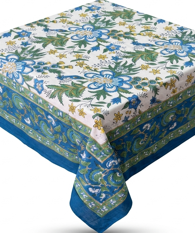 Blue & Green floral hand block print table cover 6 seater