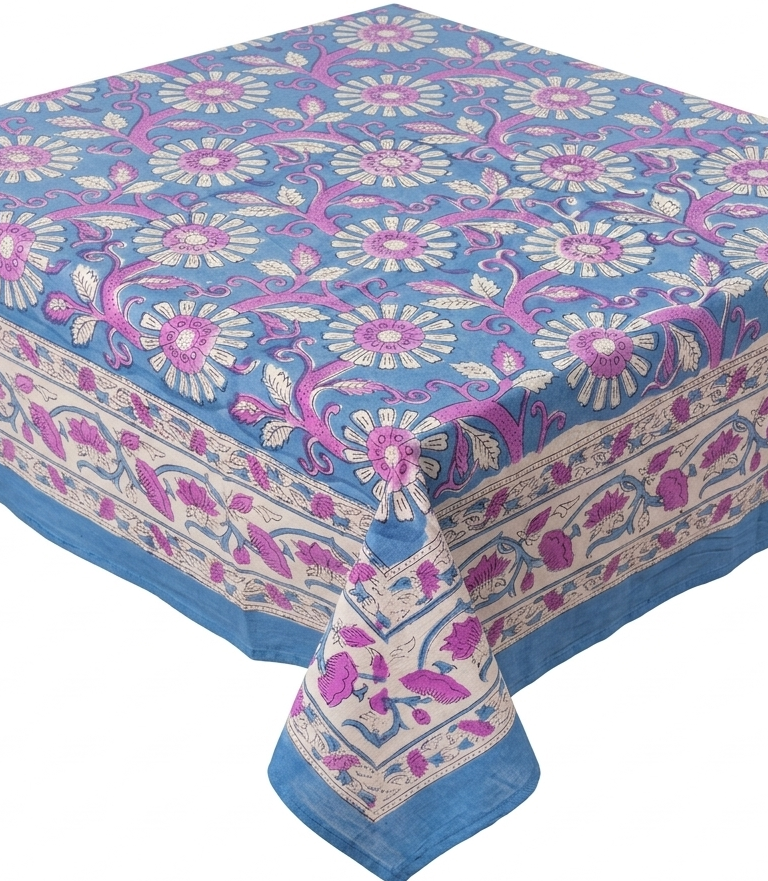 Blue & Lilac hand block print table cover 6 seater