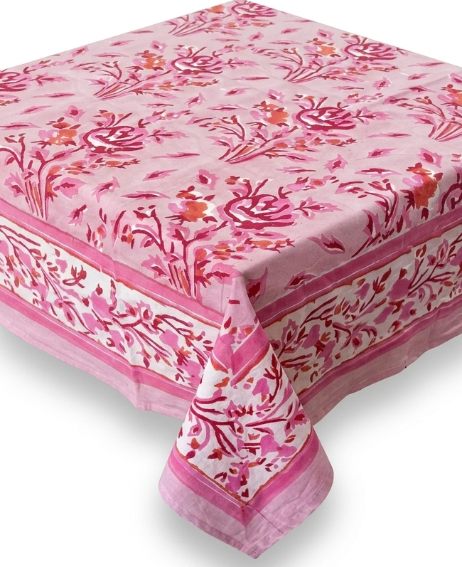 Rose blossom hand block print table cover 6 seater