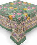 Green multicolour roses hand block print table cover 6 seater