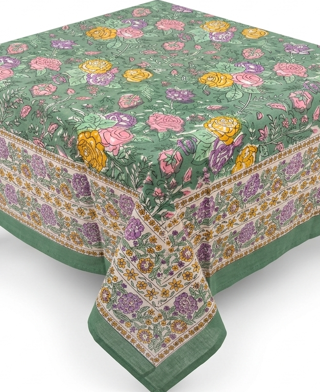 Green multicolour roses hand block print table cover 6 seater