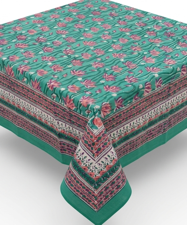 Green & Pink Lotus hand block print table cover 6 seater