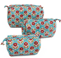 Aqua Floral Hand Block Print Quilted Cotton Pouch Set of 3