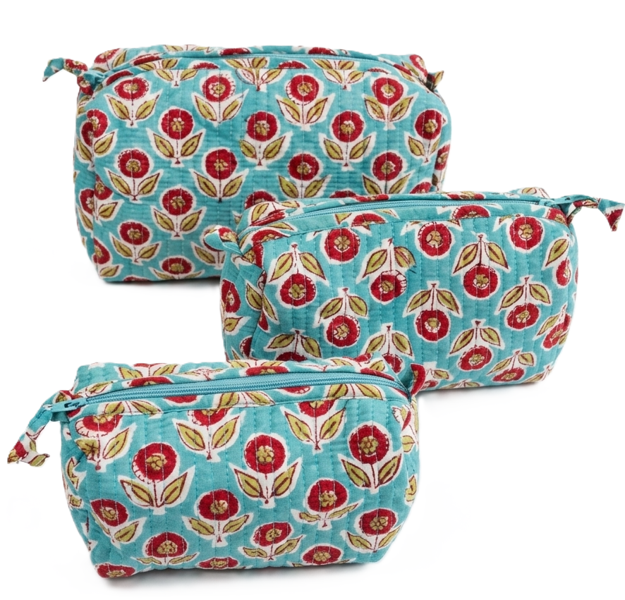 Aqua Floral Hand Block Print Quilted Cotton Pouch Set of 3