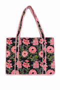 Black and pink rose hand block print large tote