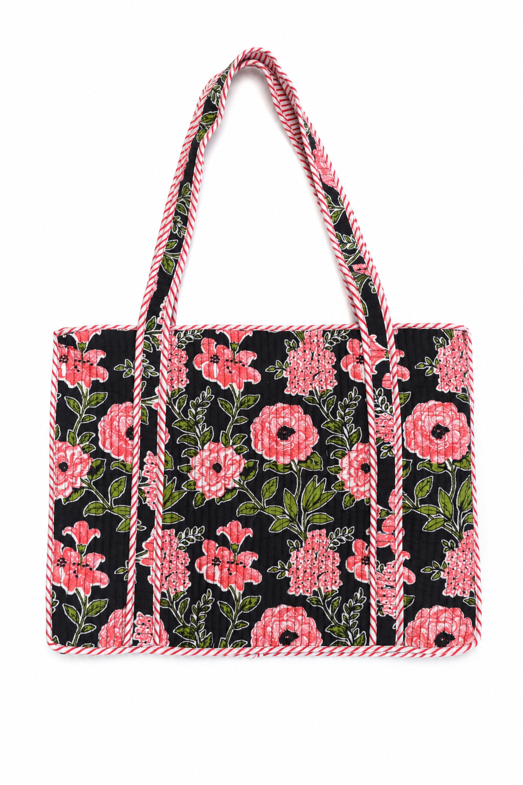 Black and pink rose hand block print large tote