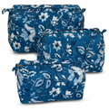 Blue Floral Hand Block Print Quilted Cotton Pouch Set of 3