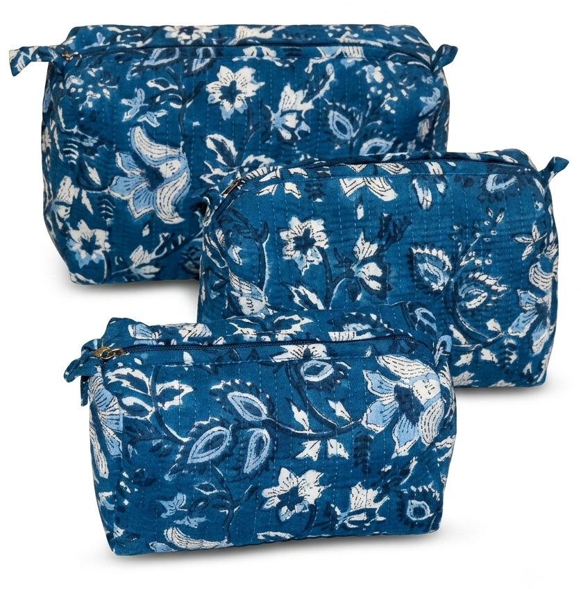Blue Floral Hand Block Print Quilted Cotton Pouch Set of 3