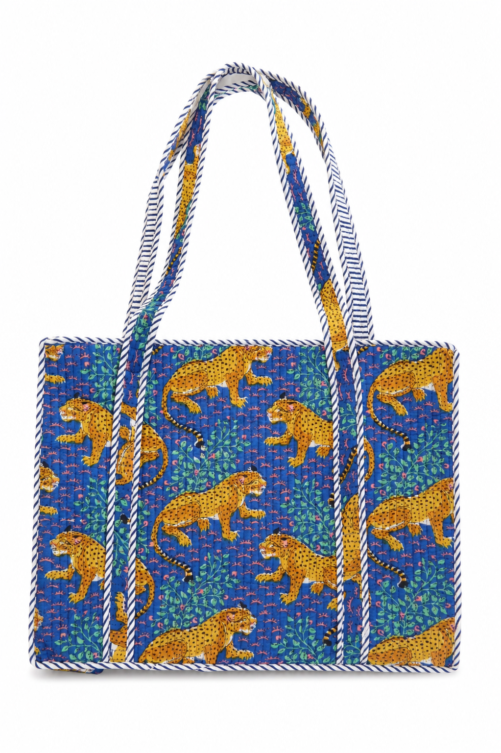Blue cheetah hand block print large tote