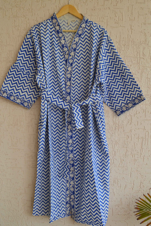 Blue chevron hand block print bathrobe