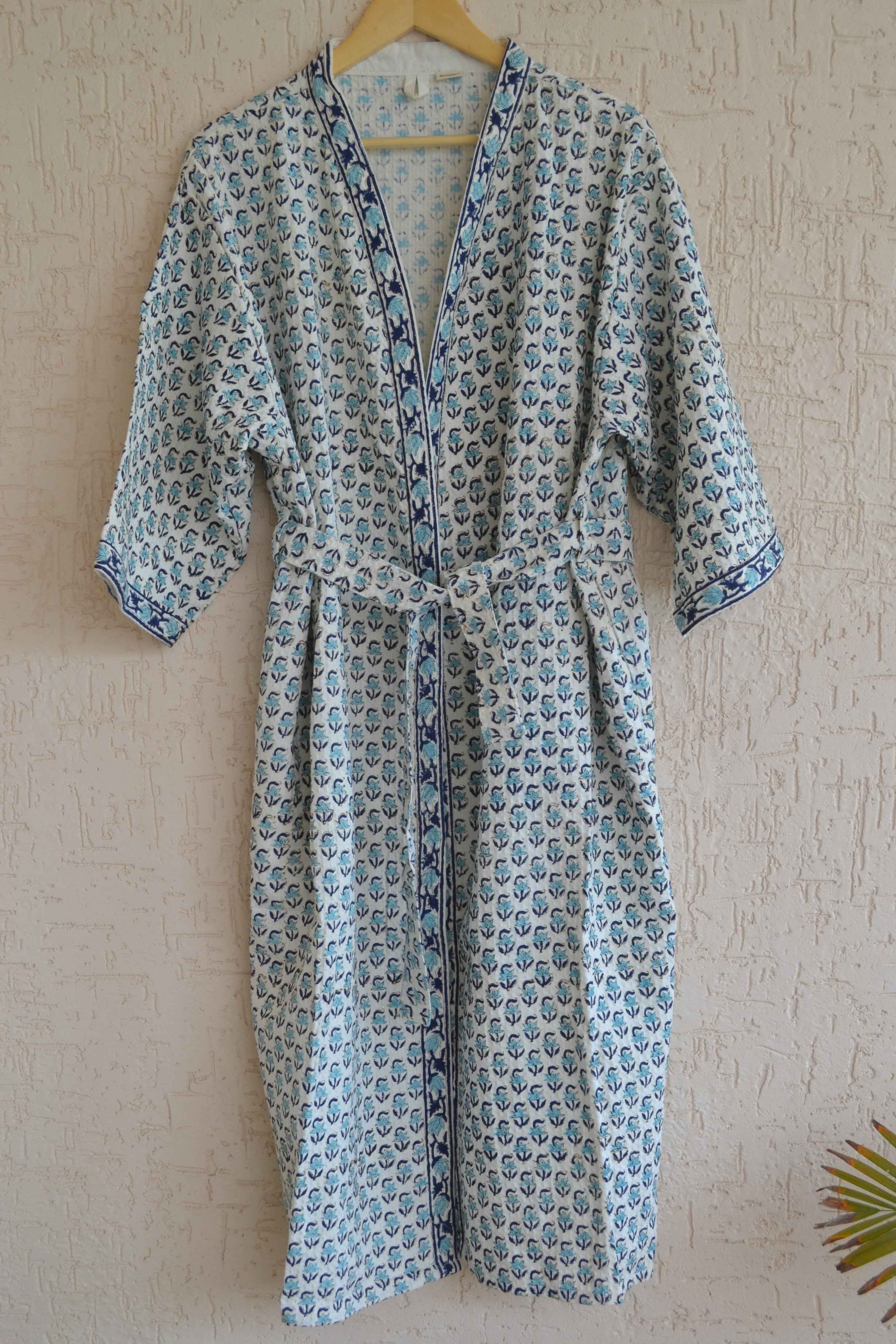 Blue lotus hand block print bathrobe