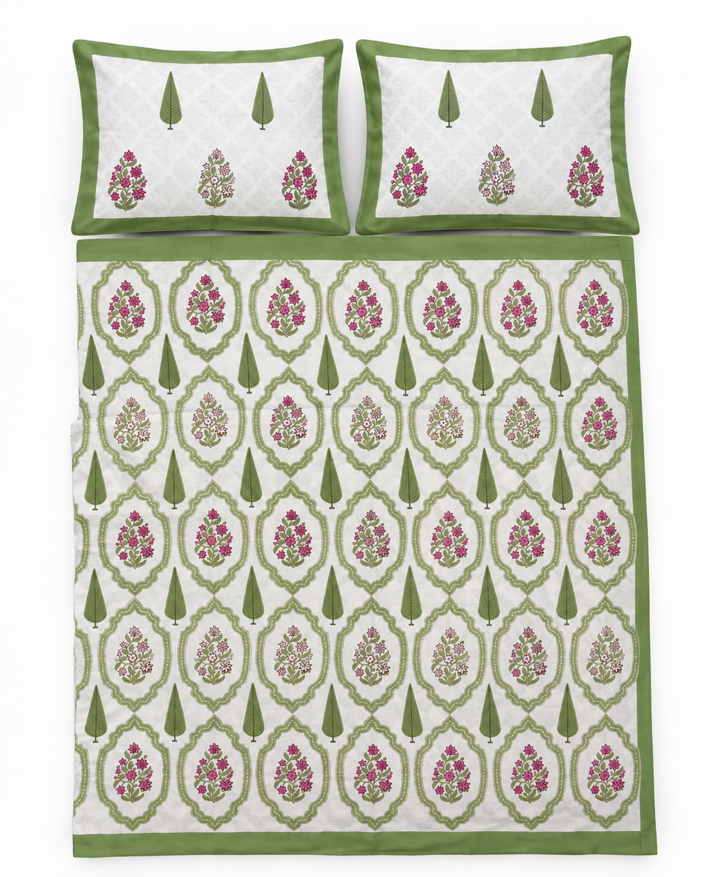 Green Pink Mughal Hand Block Print Bedsheet