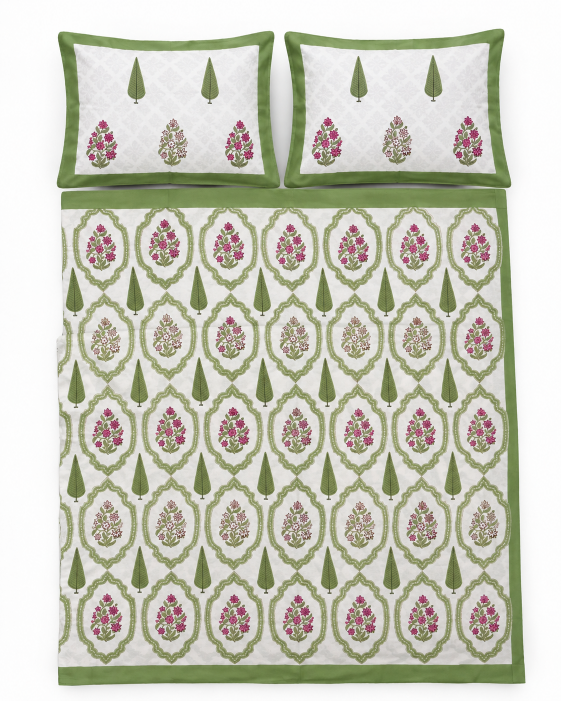 Green Pink Mughal Hand Block Print Bedsheet