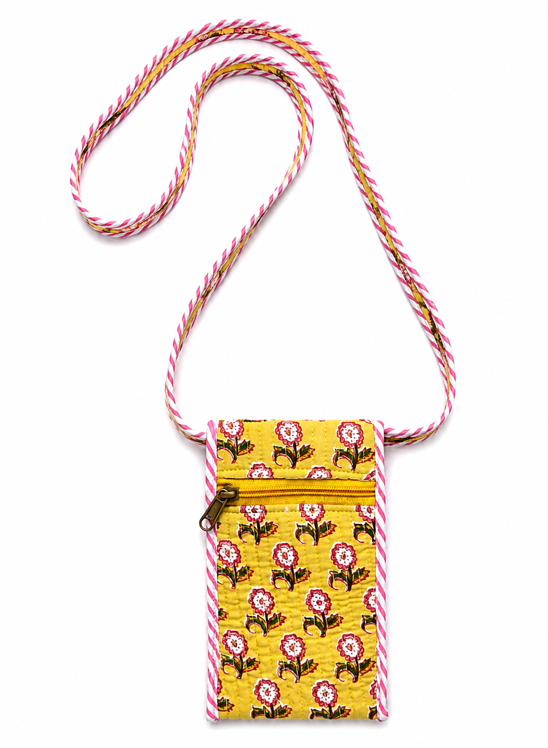 Yellow floral hand block print mobile sling