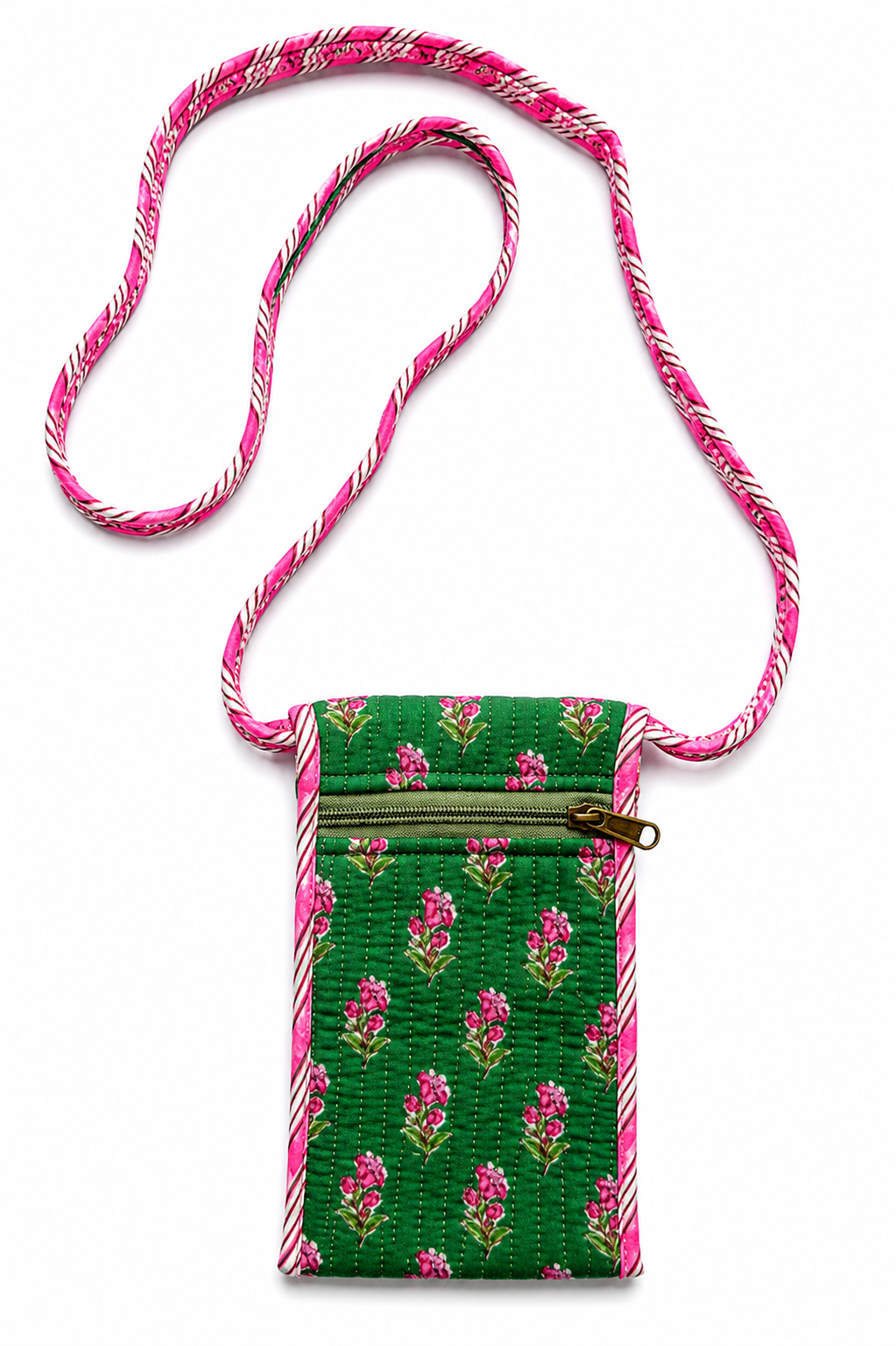 Green and Pink floral hand block print mobile sling