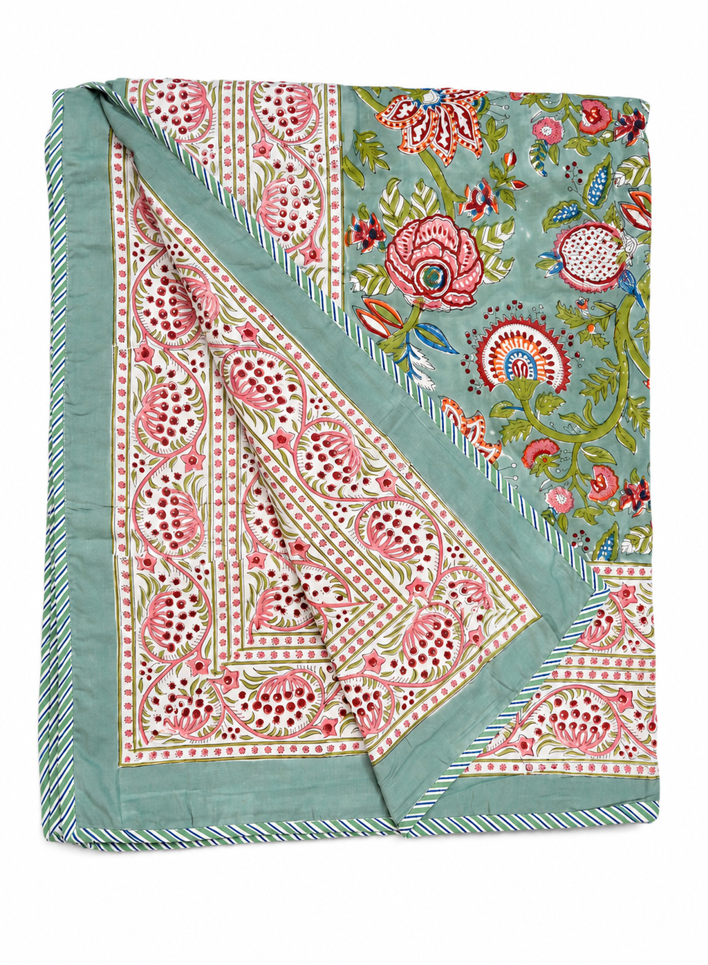 Green Floral Hand Block Print Dohar (Double)