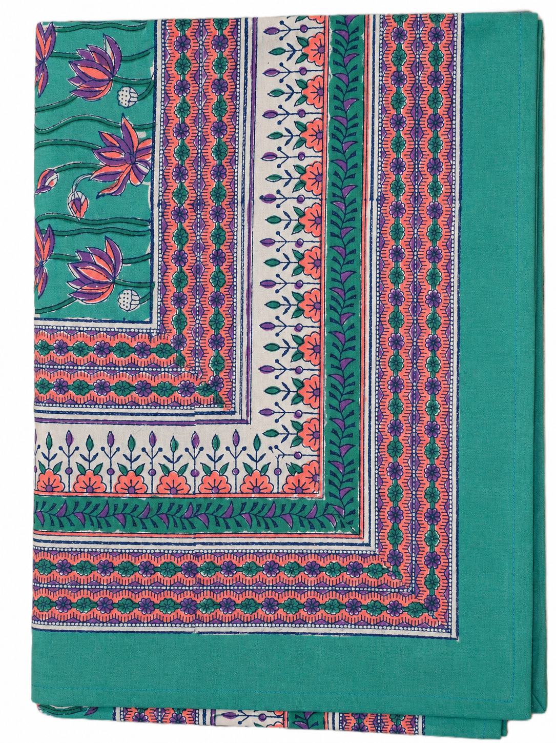 Green & Pink Lotus hand block print table cover 6 seater