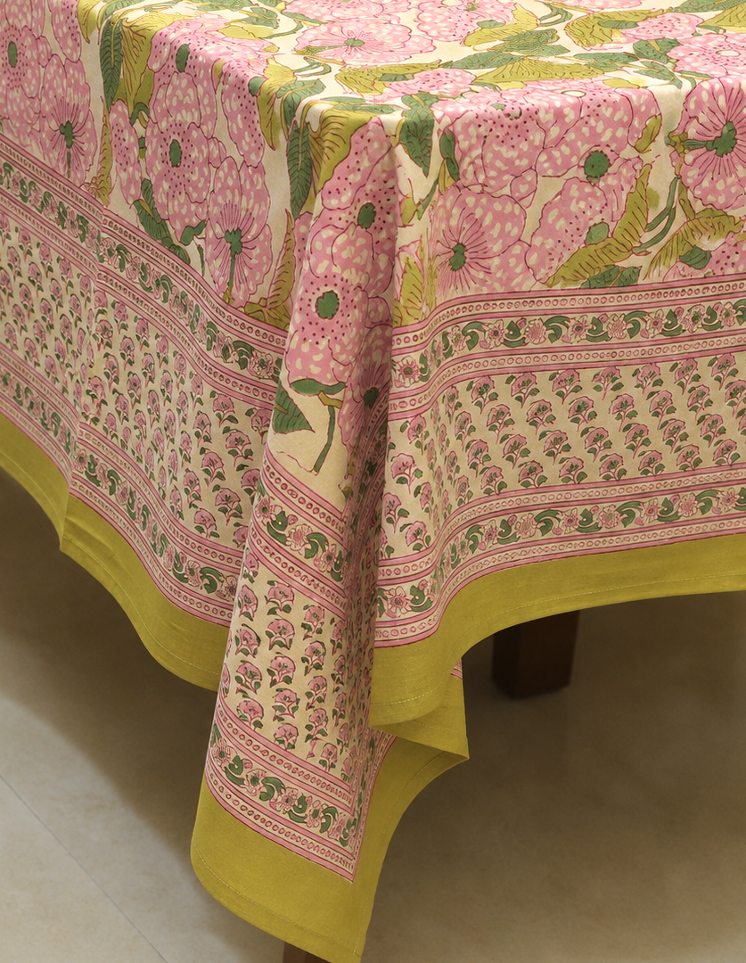 Yellow & Pink floral hand block table cover 6 seater