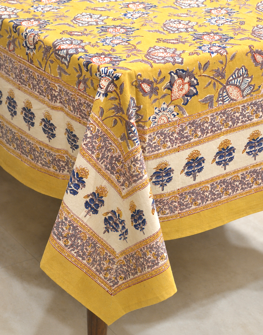 Yellow floral hand block print table cover 6 seater