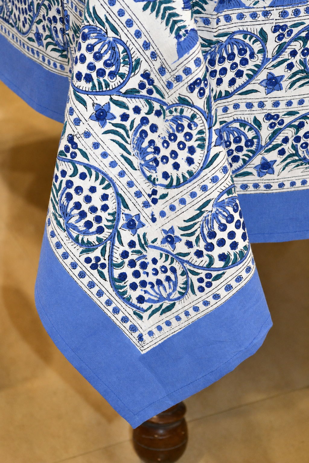 Blue rosebud hand block print table cover 6 seater