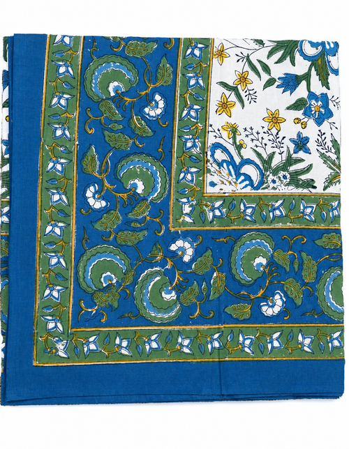 Blue & Green floral hand block print table cover 6 seater