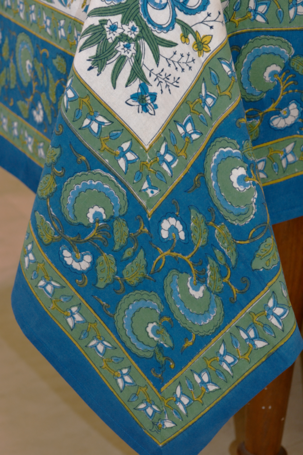 Blue & Green floral hand block print table cover 6 seater