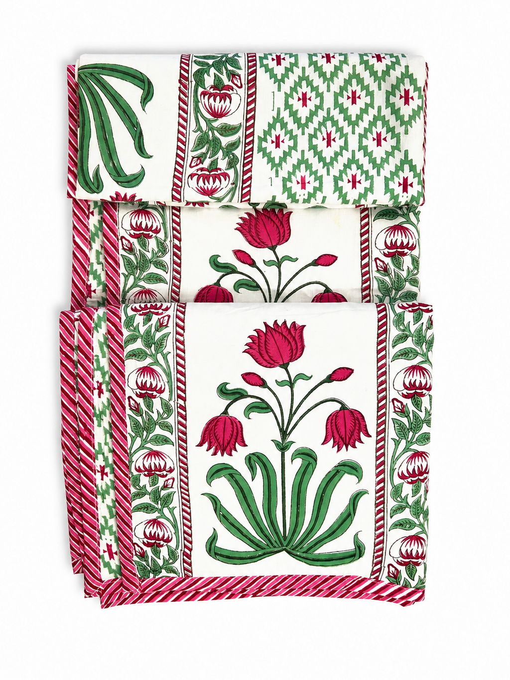 Pink & Green Tulip Hand Block Print Dohar (Single) - Sunesa