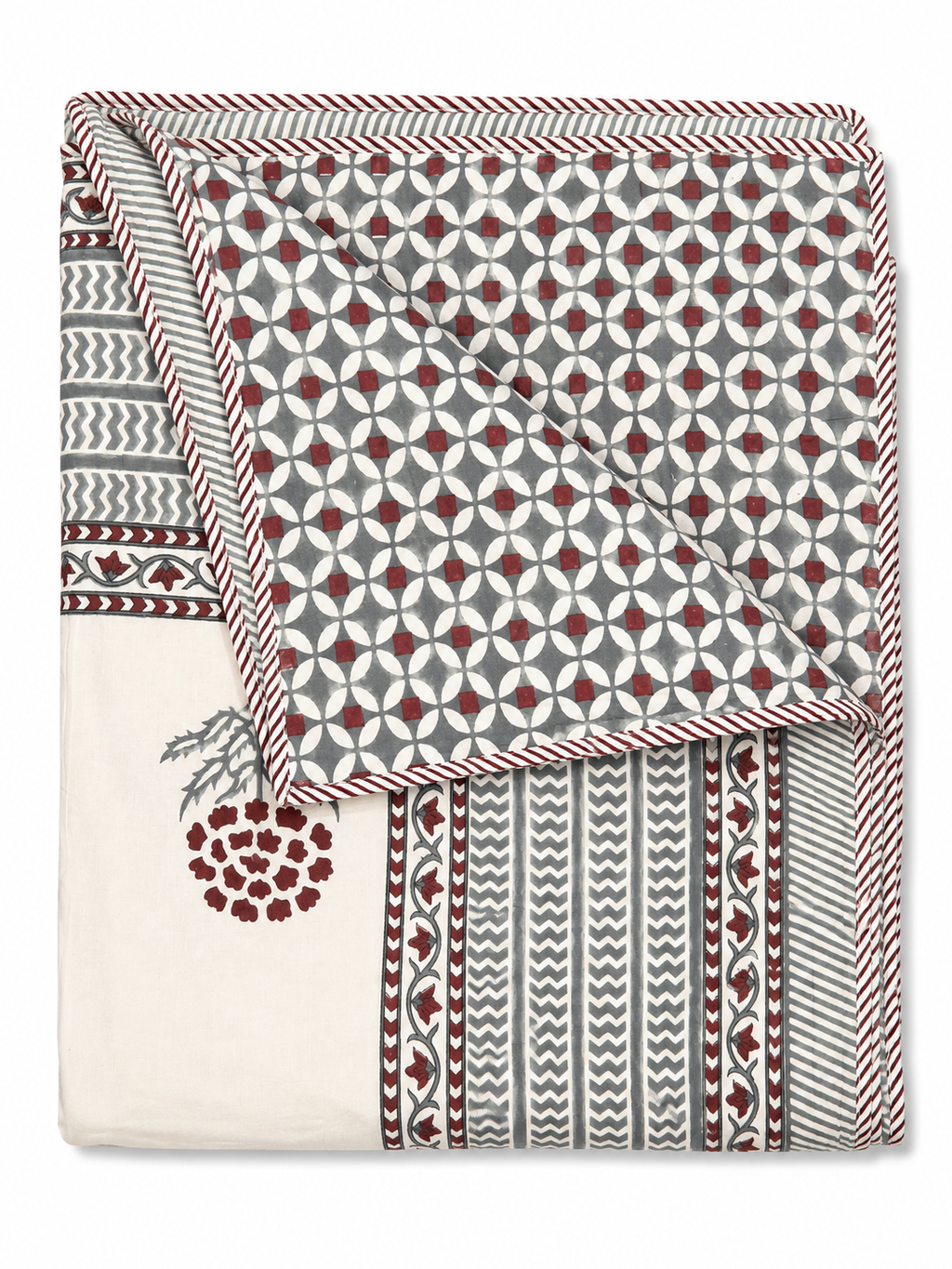 Red & Grey Hand Block Print Dohar (Double) - Sunesa