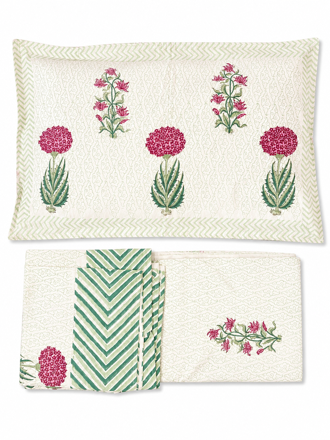 Pink Garden Bloom Hand Block Print Bed Sheet