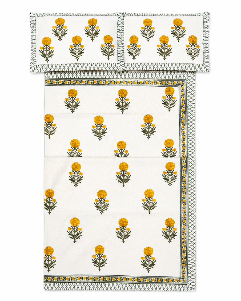 Yellow Marigold Hand Block Print Bed Sheet - Sunesa