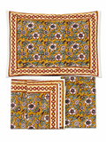 Mustard & Pink Roses Hand Block Print Bed Sheet - Sunesa