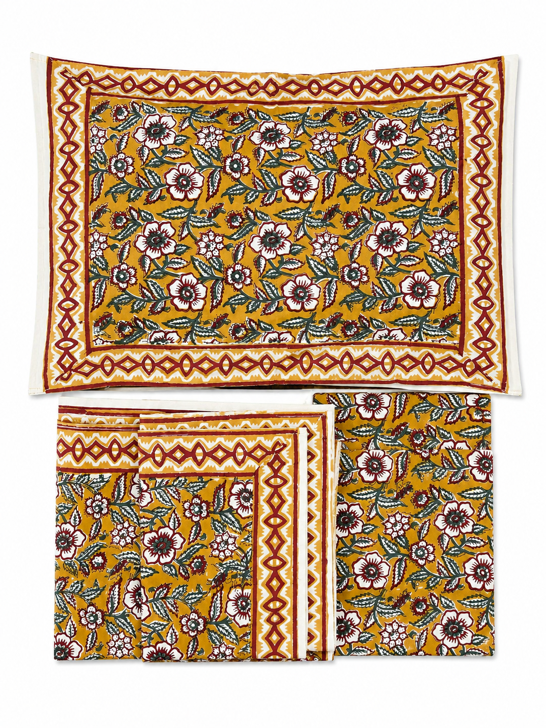 Mustard & Pink Roses Hand Block Print Bed Sheet