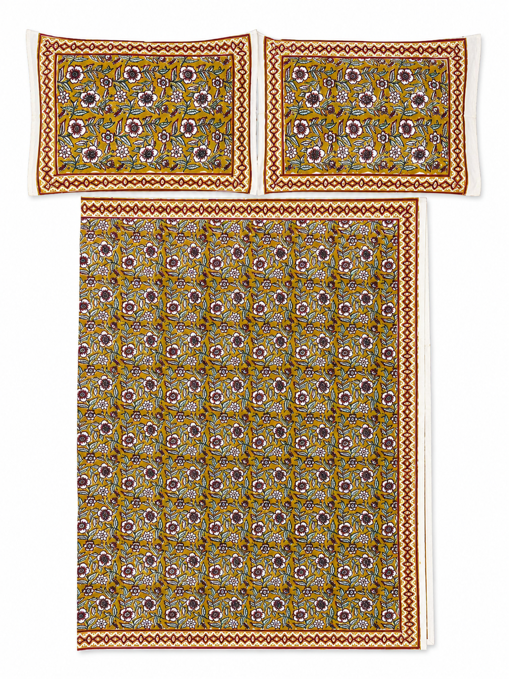 Mustard & Pink Roses Hand Block Print Bed Sheet - Sunesa
