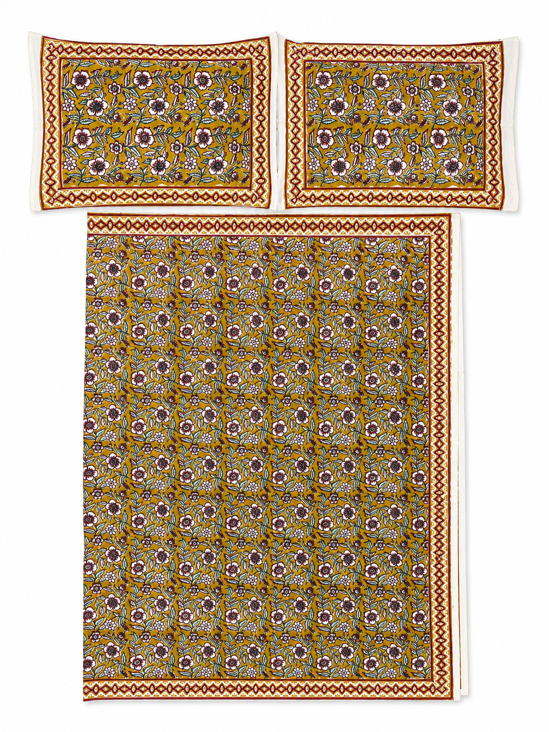 Mustard & Pink Roses Hand Block Print Bed Sheet