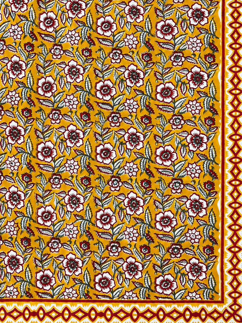 Mustard & Pink Roses Hand Block Print Bed Sheet