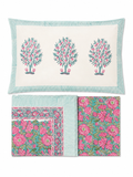 Pink & Sage Green Floral Hand Block Print Bed Sheet - Sunesa