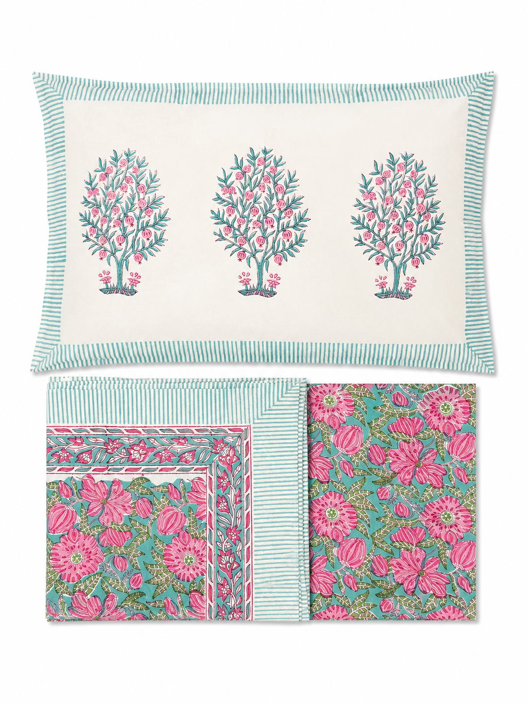 Pink & Sage Green Floral Hand Block Print Bed Sheet