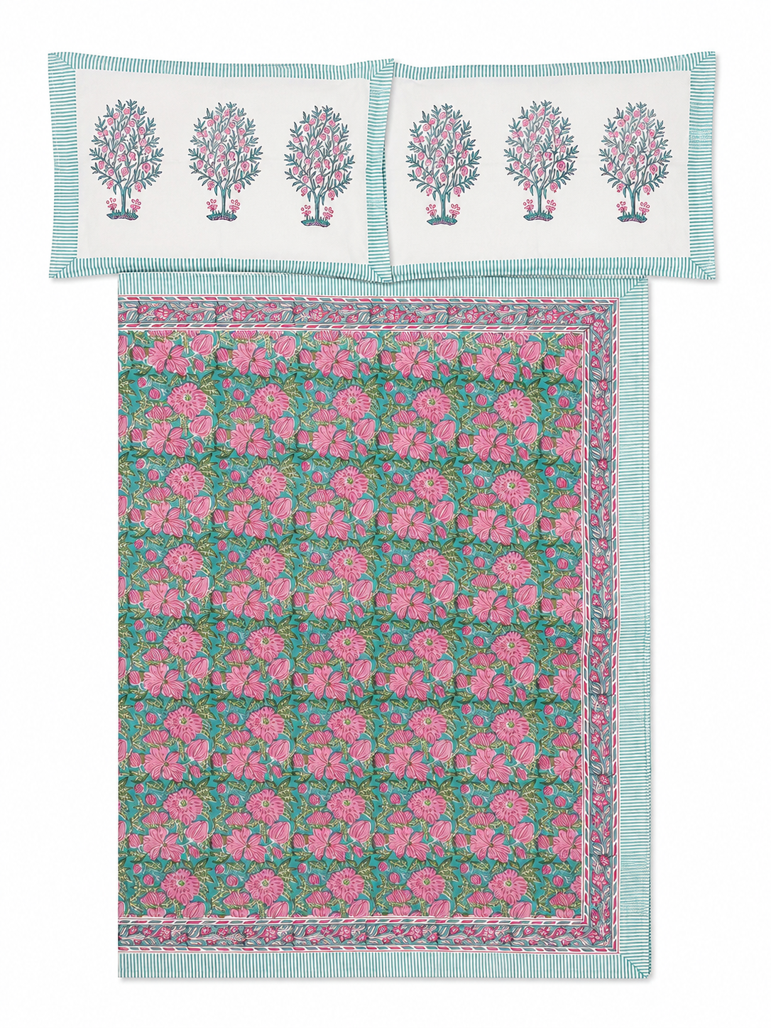 Pink & Sage Green Floral Hand Block Print Bed Sheet