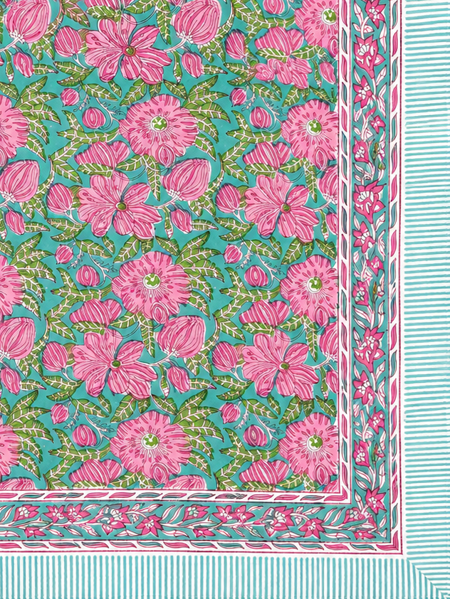 Pink & Sage Green Floral Hand Block Print Bed Sheet