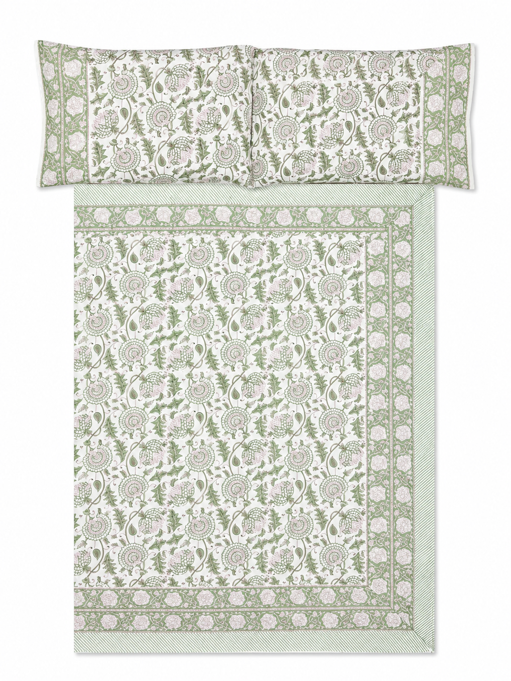 Pastel Green Jaipuri Hand Block Print Bed Sheet - Sunesa