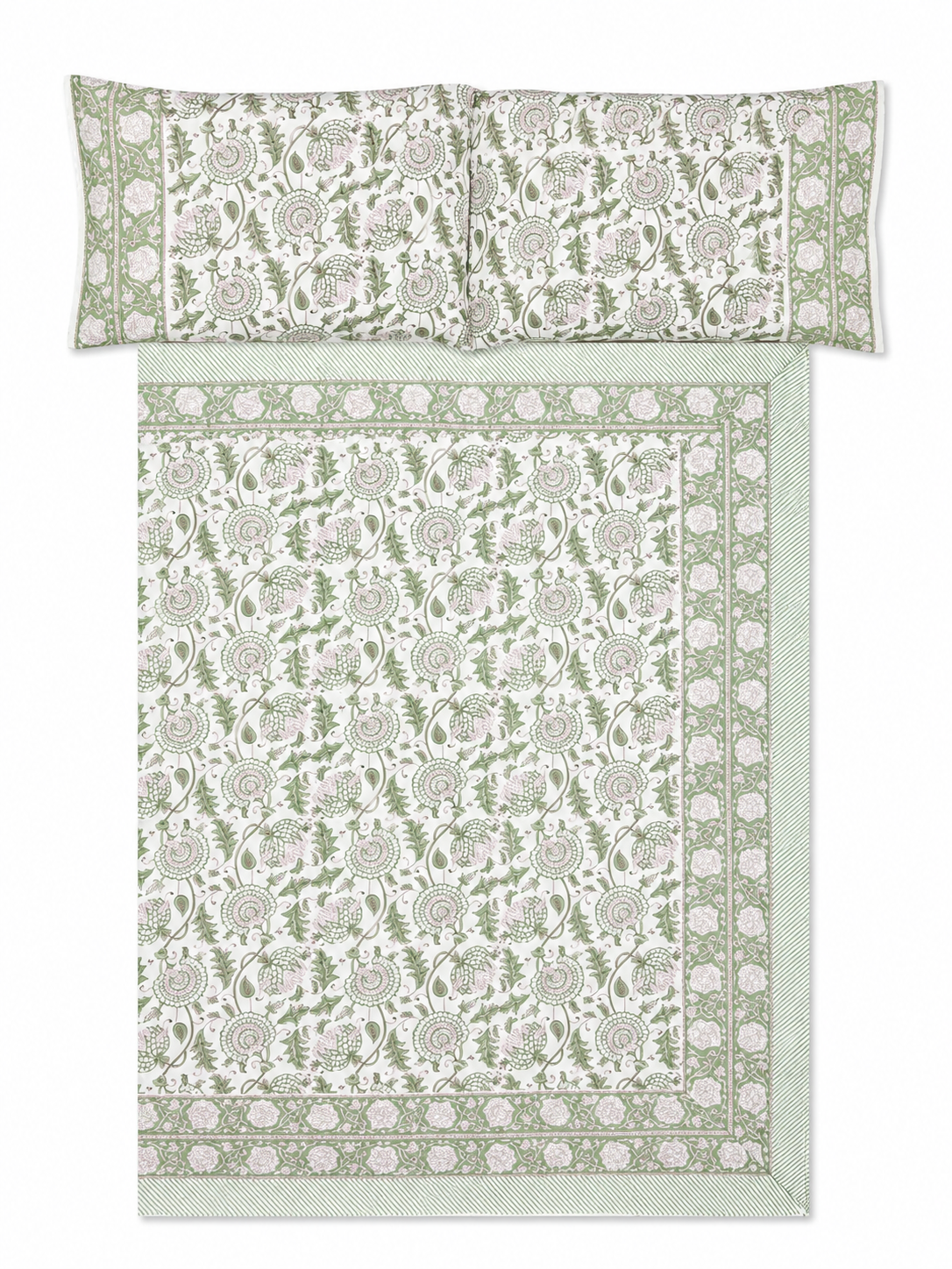 Pastel Green Jaipuri Hand Block Print Bed Sheet